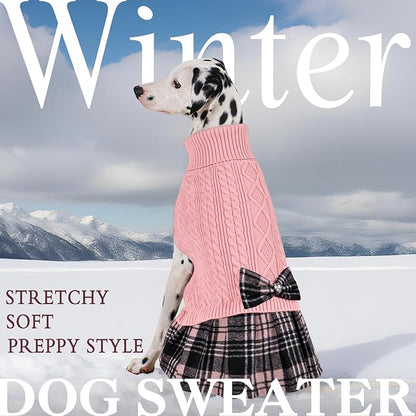 KYEESE Dog Sweater Soft Turtleneck Pet Sweater Dress Stretchy Dogs Clothes Warm Pullover Dog Sweaters for Medium Dogs Girl Comfy Pet Coats with Bowtie, Pink, XX-Large