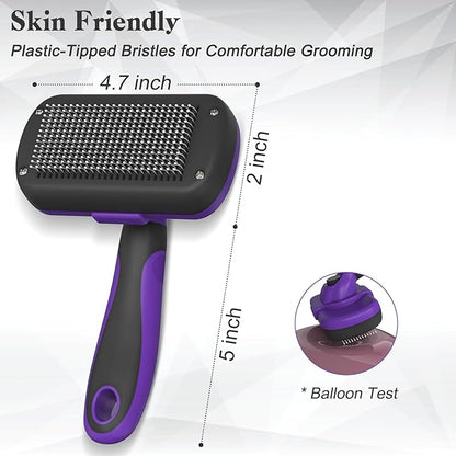 Dipoo Self Cleaning Cat & Dog Grooming Brush - Skin Friendly Deshedding Hair Brush for Haired Dogs & Puppies, Purple