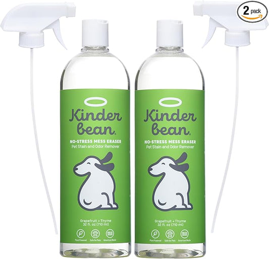 Kinderbean Dog & Cat Urine Stain and Odor Eliminator for Carpet, Upholstery, Hard Floors - 2-Pack 32 oz., Grapefruit & Thyme Scent, Enzyme Bio-Active Formula with Squeeze and Spray Top
