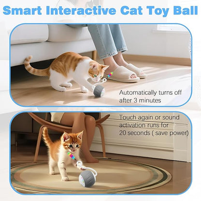 Interactive Cat Toy for Indoor (Sounds&Touch Control) Smart Cat Toys-Automatic Moving Cat Ball Toy-Fast Slow 2Speed with Feathers Tail&Lights for Kittens,Older Cats,Bored Cats,Ferret,USB Rechargeable