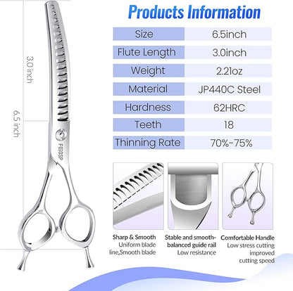 Curved Chunkers Shears Dog Grooming Scissors 6.5 in Professional Downward Thinning Shears for Small Dogs Cat Pet Japan 440C Stainless Steel Sharp and Durable(6.5 In, Chunker)