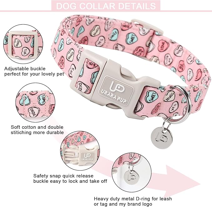UP URARA PUP Valentine’s Day Dog Collar, Pink Heart Dog Collar with Quick Release, Valentine’s Day Gift Pet Girl Boy Dog Collar for Puppy Small Medium Dogs, Wedding Dog Collar