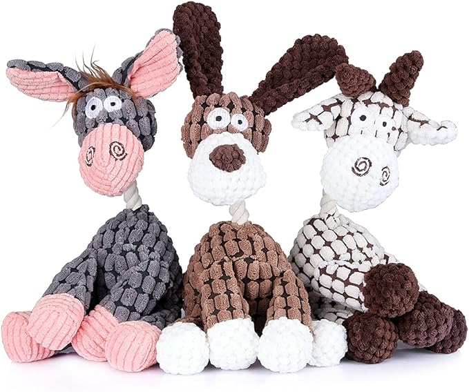 Squeaky Plush Dog Toys, 3-Pack Soft Stuffed Animal Toys for Puppies, Chew Toys with Squeakers for Small, Medium & Large Dogs