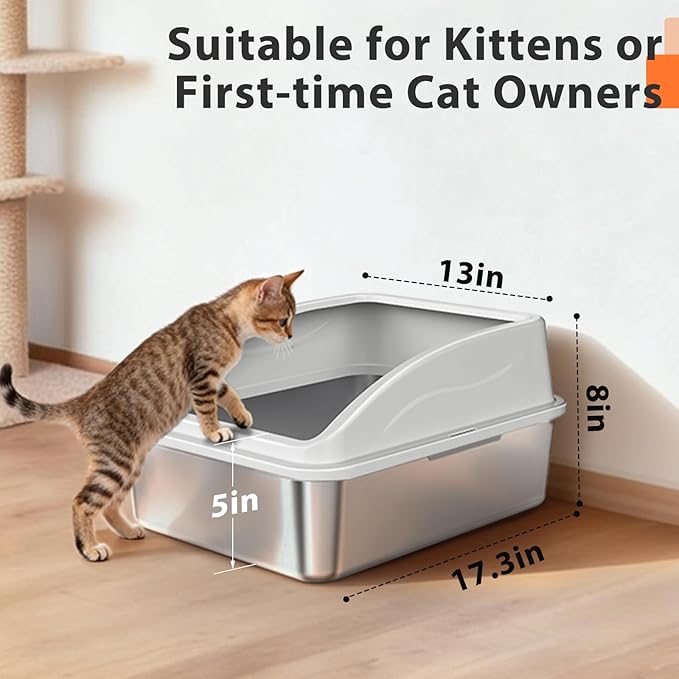 Stainless Steel Litter Box | Metal Kitty Litter Box with Lid High Sided for Small Cats or Injured Cats, Bunny Litter Boxes, Low Entry, Odor-Free, Non-Stick,Includes Scoop