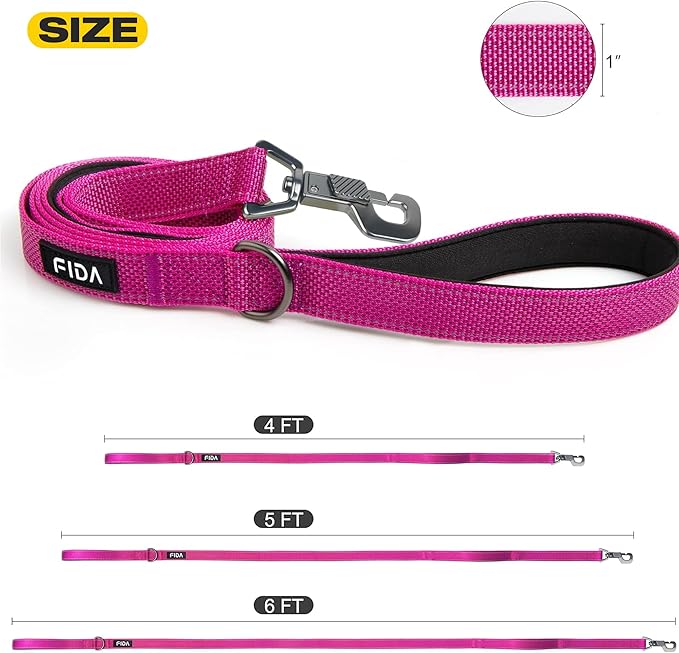 Fida 6 FT Heavy Duty Dog Leash with 2 Comfortable Padded Handles, Traffic Handle & Advanced Easy Snap Hook, Reflective Walking Lead for Large, Medium & Small Breed Dogs, Rose