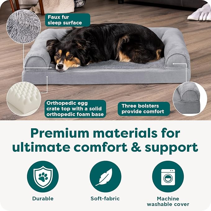 Furhaven Orthopedic Dog Bed for Large/Medium Dogs w/ Removable Bolsters & Washable Cover, For Dogs Up to 55 lbs - Plush & Suede Sofa - Gray, Large