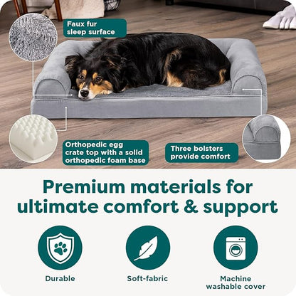 Furhaven Orthopedic Dog Bed for Large/Medium Dogs w/ Removable Bolsters & Washable Cover, For Dogs Up to 55 lbs - Plush & Suede Sofa - Gray, Large