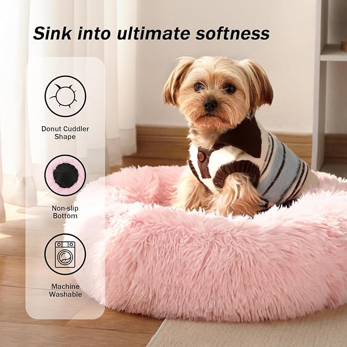 NOYAL Calming Donut Dog Bed for Small to Medium Dogs & Cats - Plush Faux Fur Anti-Anxiety Pet Bed with Machine Washable Cover & Non-Slip Base