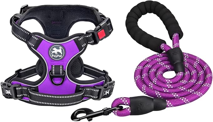 PoyPet Dog Harness and Leash Combo, Escape Proof No Pull Vest Harness, with 5 Feet Leash, Reflective Adjustable Soft Padded Pet Harness with Handle for Small to Large Dogs(Purple,L)