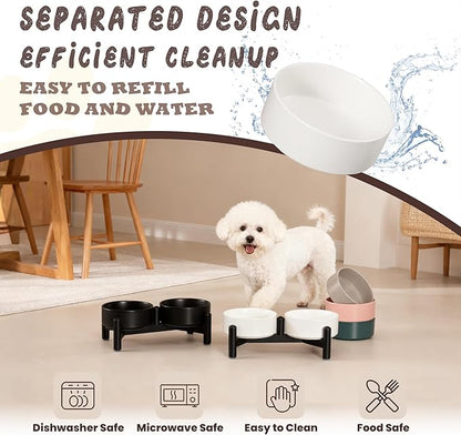 Raised Ceramic Dog Bowl Set - Elevated Double Dishes with Stainless Steel Stand - Food and Water Bowls for Small Dogs and Indoor Cats - Each Holds 1.6 Cups (10.8 fl oz) - Grey