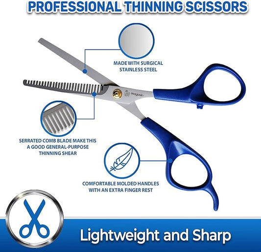 PET MAGASIN Professional Dog Grooming Scissors Set - Curved Thinning Shears for Dogs, Pet Hair Cutting Tools with Safety Tips for Small & Large Breeds, Grooming Kit for Home