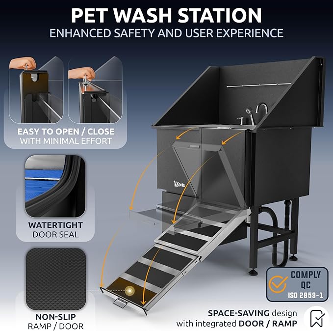 KANIS Professional Dog Washing Station - 304 Stainless Steel Pet Wash Sink & Grooming Bathtub w/Shower, Floor Grates and Storage for Large, Medium & Small Pets (40, Black 1 Drawer - Right RAMP)