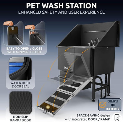 KANIS Professional Dog Washing Station - 304 Stainless Steel Pet Wash Sink & Grooming Bathtub w/Shower, Floor Grates and Storage for Large, Medium & Small Pets (40, Black 1 Drawer - Right RAMP)