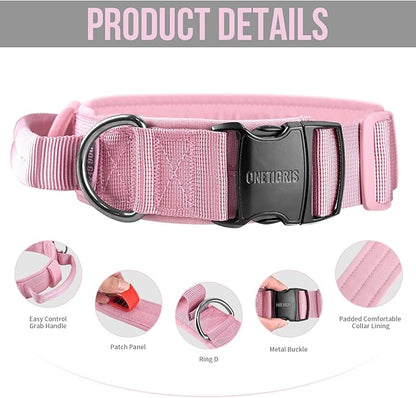 OneTigris Tough Dog Collars, Tactical Dog Collar with Handle, Milltary Adjustable Dog Collar with Heavy Duty Metal Buckle for Training (Large,Pink)