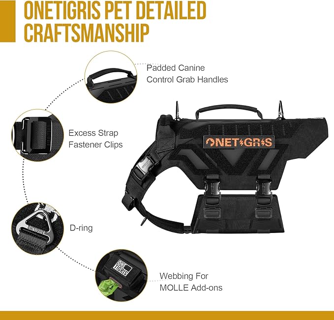 OneTigris X-Armor Tactical Dog Harness MOLLE Vest with Metal Buckles, No-Pull No-Escape No-Slippage Design for Medium, Large & Size XL Dogs -Black L
