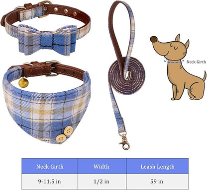 3 PCS Puppy Collar and Leash Set Dog Collars for Small Dogs Dog Bow Tie with Bell Puppy Bandana Leather Dog Collar for Small Dogs Puppies and Cats(Blue)