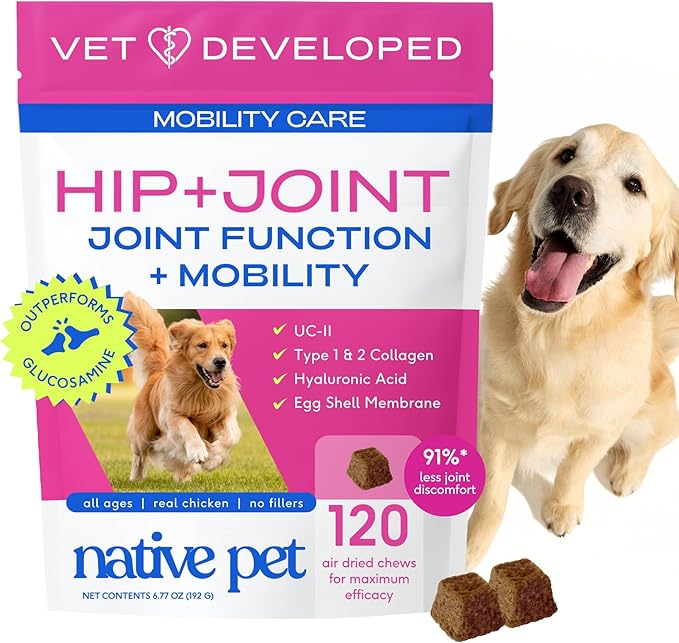 Native Pet Hip & Joint Supplement for Dogs - Advanced Dog Joint & Arthritis Supplement - Helps Maintain Healthy Cartilage, Joint Flexibility, Lubrication, & Function - with ESM & Collagen - 120 Chews