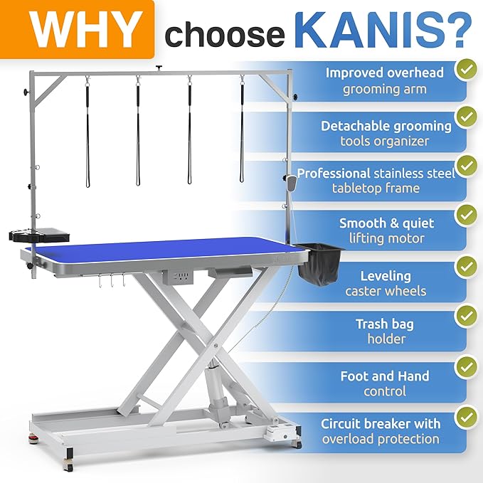 KANIS 61" Professional Stainless Steel Dog Bathing Station, Left RAMP + 49" Professional Electric Dog Grooming Table, White