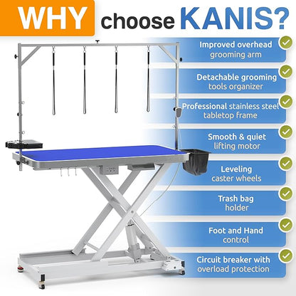 KANIS 61" Professional Stainless Steel Dog Bathing Station, Left RAMP + 49" Professional Electric Dog Grooming Table, White