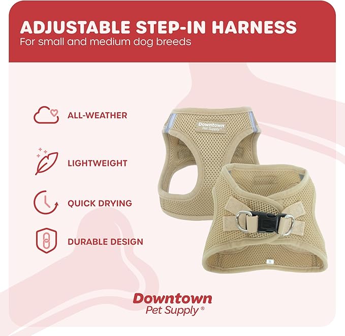 Downtown Pet Supply Step in Dog Harness for Small Dogs No Pull, Large, Khaki - Adjustable Harness with Padded Mesh Fabric and Reflective Trim - Buckle Strap Harness for Dogs