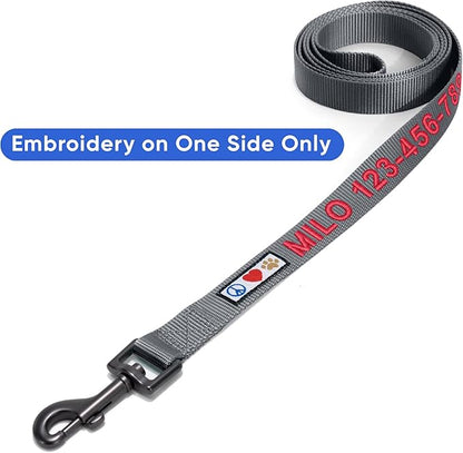 Pawtitas Personalized 6 ft Grey Dog Leash XS/S Custom Name and Phone Embroidery Strong Nylon Leash for Small Breeds