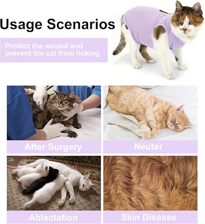 QIYADIN Cat Recovery Suit, Surgical Recovery Clothes for Abdominal Wound or Skin Disease, Cats Onesie After Surgery and Spay, E-Collar Alternative Pajama Suit (Purple, Small)