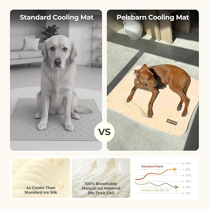 Pelsbarn Dog Cooling Mat- Ice Silk Summer Comfort, Self Cooling, Non-Slip Dog Pad, Durable & Washable, Mat for Large Dogs 25"" x 37"", Support Shelter Dogs with Every Purchase (Beige)