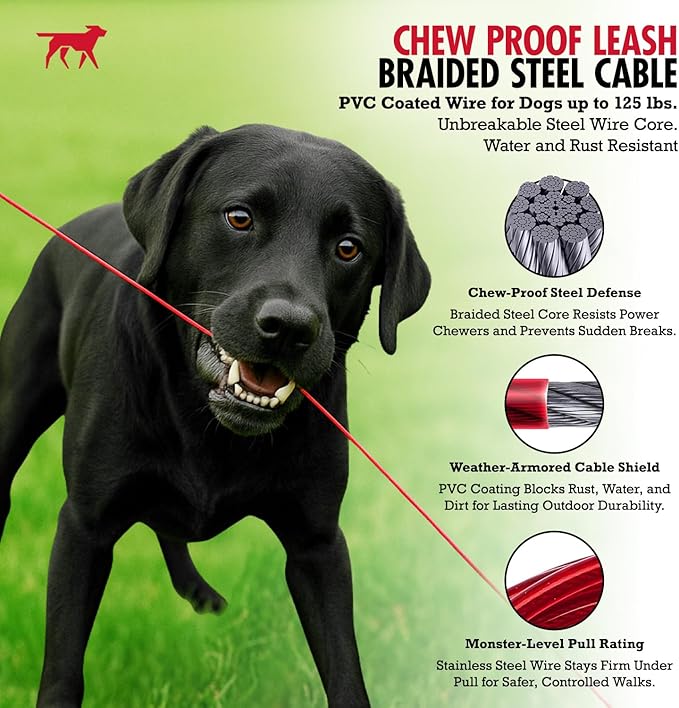 Tuff Pupper Chew Proof Dog Leash | Steel Cable Bite Resistant Lead | Twist Lock Carabiner | Heavy Duty for Large Dogs & Teething Puppies | Comfortable Padded Handle | 4FT & 6FT Lengths (Red, 4 Feet)