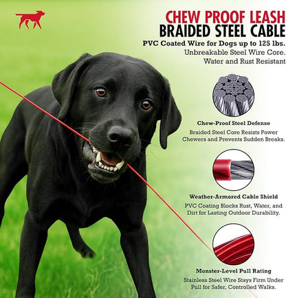 Tuff Pupper Chew Proof Dog Leash | Steel Cable Bite Resistant Lead | Twist Lock Carabiner | Heavy Duty for Large Dogs & Teething Puppies | Comfortable Padded Handle | 4FT & 6FT Lengths (Red, 4 Feet)