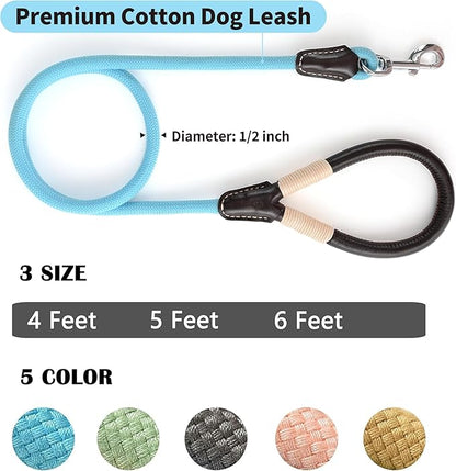 Mile High Life Leather Handle Dog Leash, 6 FT/5 FT/4 FT Rope Leash for Small Medium Large Dogs (Blue, 4FT)