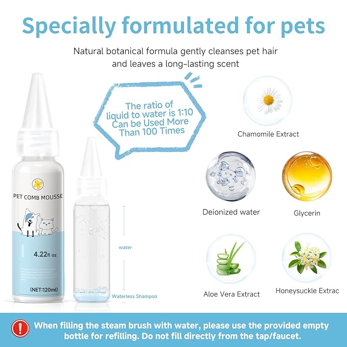 Pet Steam Brush for Dog & Cat - 3-in-1 Steam Grooming Brush for Shedding & Hair Removal - Pet comb leave-in serum with Mist for Long Haired Pets - Includes 2*Waterless Shampoo, Blue