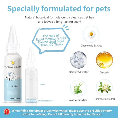 Pet Steam Brush for Dog & Cat - 3-in-1 Steam Grooming Brush for Shedding & Hair Removal - Pet comb leave-in serum with Mist for Long Haired Pets - Includes 2*Waterless Shampoo, Blue
