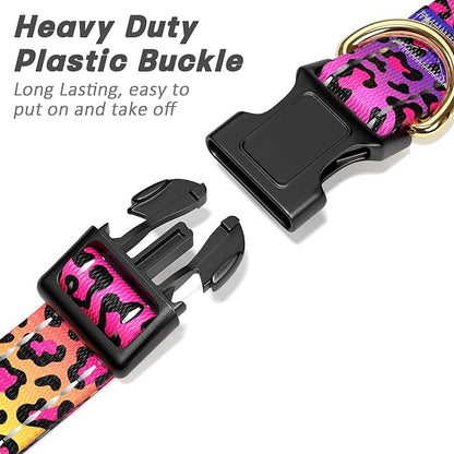 Reflective Dog Collar for Large Dogs, Cute Leopard Style Adjustable Heavy-Duty Nylon Puppy Collar for Boy and Girl Female, Soft Pet Accessories with Quick Release Buckle, Neon