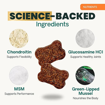 VetriScience Extra Strength Healthy Hip & Joint Chews, GlycoFlex Glucosamine & Green-Lipped Mussel Support Supplement for Dogs, Promote Mobility & Soothe Joint Discomfort, Chicken, 3 Pack