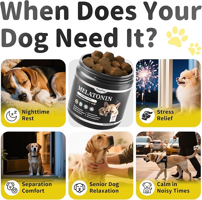 POPPAW Melatonin for Dogs, Calming Chews with Valerian Root & L-Theanine for Sleep Aid & Emotional Support, Calming Treats for Stress Anxiety Relief - Thunder, Fireworks, Barking, Bacon Flavor, 90Ct