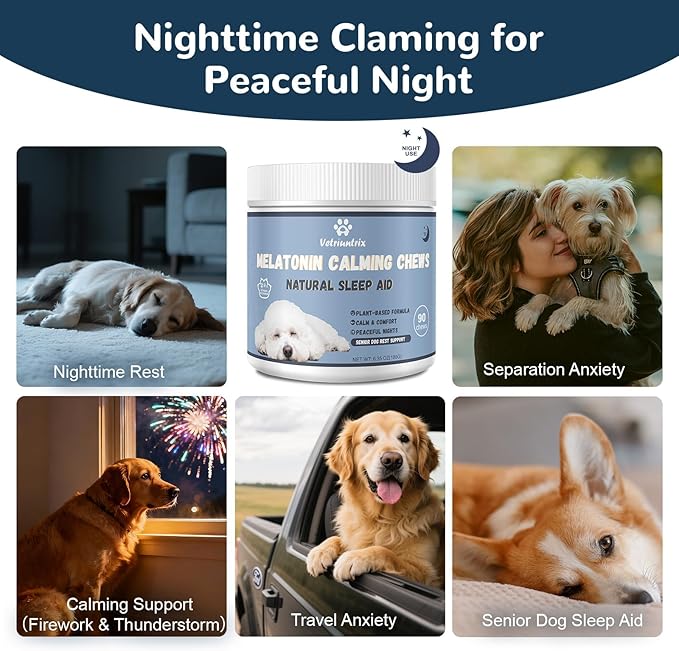Vetriuntrix Melatonin for Dogs, Calming Chews for Dogs for Sleep, Fireworks, Storms, Thunder, Barking, Separation, Dog Calming Chews with Valerian Root & L-Theanine, 200 Count