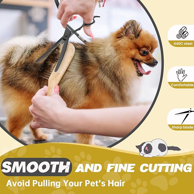 JASON 7" Curved Chunker Dog Scissors - Ergonomic Pet Scissors Black Curved Dog Shears 440C Stainless Steel Grooming Shears Professional Pet Shears For Groomer (28-Teeth, Down-curved) Christmas Gift