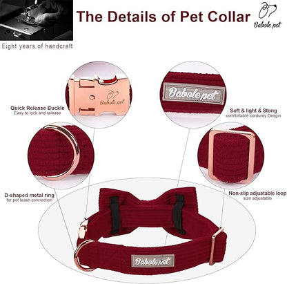 Wine Red Dog Collars for Small Dog,Cute Corduroy Dog Collar with Bow Tie Safety Metal Buckle Adjustable Puppy Collars for Small Medium Large Boy&Girl Dogs,XS-Neck 8"-12"