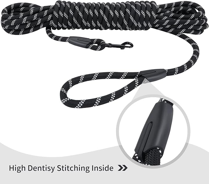 Long Dog Leash for Training 15Ft-Reflective Nylon Rope with Swivel Hook-Recall Agility Lead for Large Small Medium Dogs Outside Walking Hiking-Black Diam 1/2"