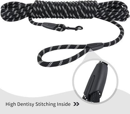 Long Dog Leash for Training 15Ft-Reflective Nylon Rope with Swivel Hook-Recall Agility Lead for Large Small Medium Dogs Outside Walking Hiking-Black