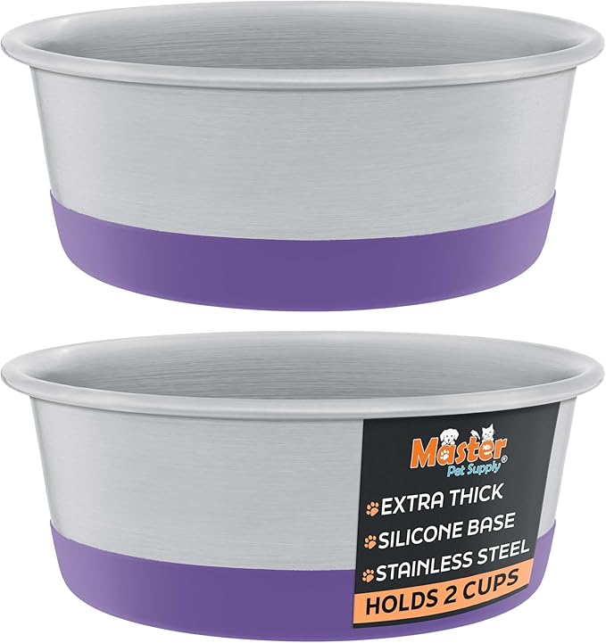 Master Pet Supply Stainless Steel Dog Bowls Set of 2 with Extra Thick Silicone Base - 2 Cup (16 oz) Plum Crazy, Non-Slip, Dishwasher Safe Metal Bowls, Pet Dog Food Bowl for Dogs, Cats, Anti Rust