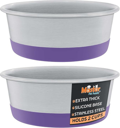 Master Pet Supply Stainless Steel Dog Bowls Set of 2 with Extra Thick Silicone Base - 2 Cup (16 oz) Plum Crazy, Non-Slip, Dishwasher Safe Metal Bowls, Pet Dog Food Bowl for Dogs, Cats, Anti Rust