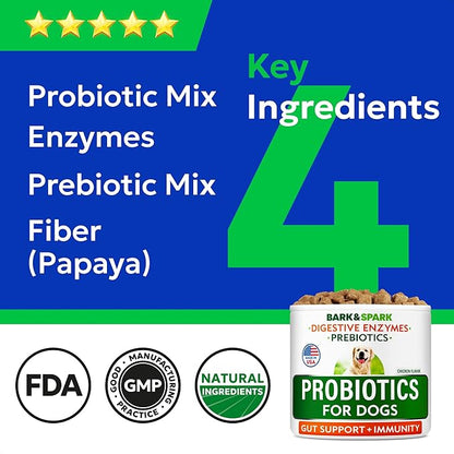 BARK&SPARK Probiotics for Dogs Digestive Health w/Enzymes - Diarrhea Gas Treatment Upset Stomach Relief - Allergy & Itchy Skin - Pet Dogs Probiotics - Digestion Supplement Treat (120Ct Chicken)