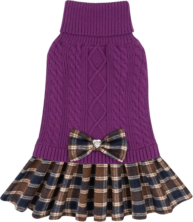 KYEESE Dog Sweater Warm Pullover Pet Coats Comfy Knitwear Dog Sweaters for Small Dogs Girl Soft Turtleneck Pet Sweater Dress Thick Dogs Clothes with Bowtie Stretchy Cat Sweaters, Purple, Small