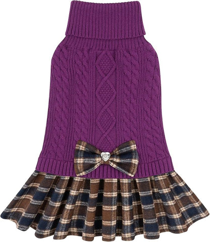 KYEESE Dog Sweater Warm Pullover Pet Coats Comfy Knitwear Dog Sweaters for Small Dogs Girl Soft Turtleneck Pet Sweater Dress Thick Dogs Clothes with Bowtie Stretchy Cat Sweaters, Purple, Small