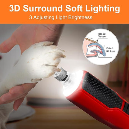 7-Speed Dog & Cat Nail Grinder with Light - Ring LED Safe to Avoid Overcut, Quiet Low Vibration & Powerful Fast, Cordless Rechargeable Toenail Trimmer for Small & Large Puppy & Breeds Paws(Red)