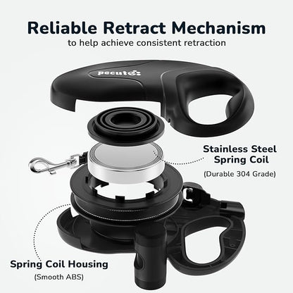 Pecute 32ft Retractable Dog Leash with Reflective Strips, 360° Tangle-Free, One-Button Control & Sturdiness Nylon Material, Long Leash Retractable with Poop Bag Holder for Medium Large Dog