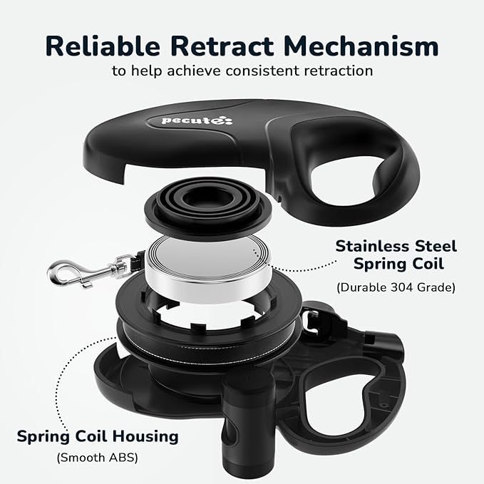 Pecute 32ft Retractable Dog Leash with Poo Bag Holder, Chew Proof Dog Leash with 360° Tangle-Free Extended, Anti-Slip Handle & Quick Brake Button, Suitable for Dogs Up to 110lbs in Weight