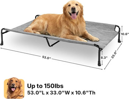 Veehoo Outdoor Elevated Dog Bed, 53" XXL Raised Dog Bed with Headrest Sides, Washable Cooling Dog Cot with Non-Skid Feet, Breathable Mesh, Portable Pet Hammock for Indoor or Camping, Black Silver