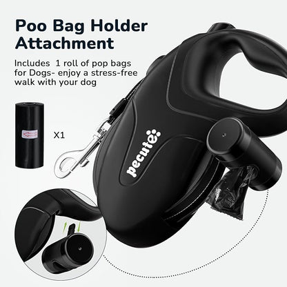 Pecute 32ft Retractable Dog Leash with Reflective Strips, 360° Tangle-Free, One-Button Control & Sturdiness Nylon Material, Long Leash Retractable with Poop Bag Holder for Medium Large Dog